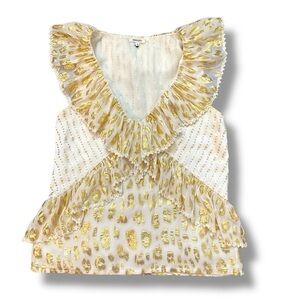 Manoush Cream Gold Thread Multi Print Ruffle Neckline Silk Blouse Size 34